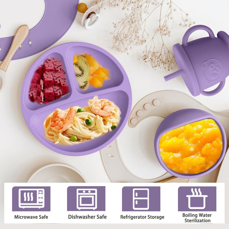 Munlinder Silicone Baby Feeding Set | Baby Led Weaning Supplies Includes Suction Bowls and Divided Plates, Adjustable Bib, Baby Utensils Spoons and Forks,Cup | Baby Feeding Essentials (Purple) - Image 4